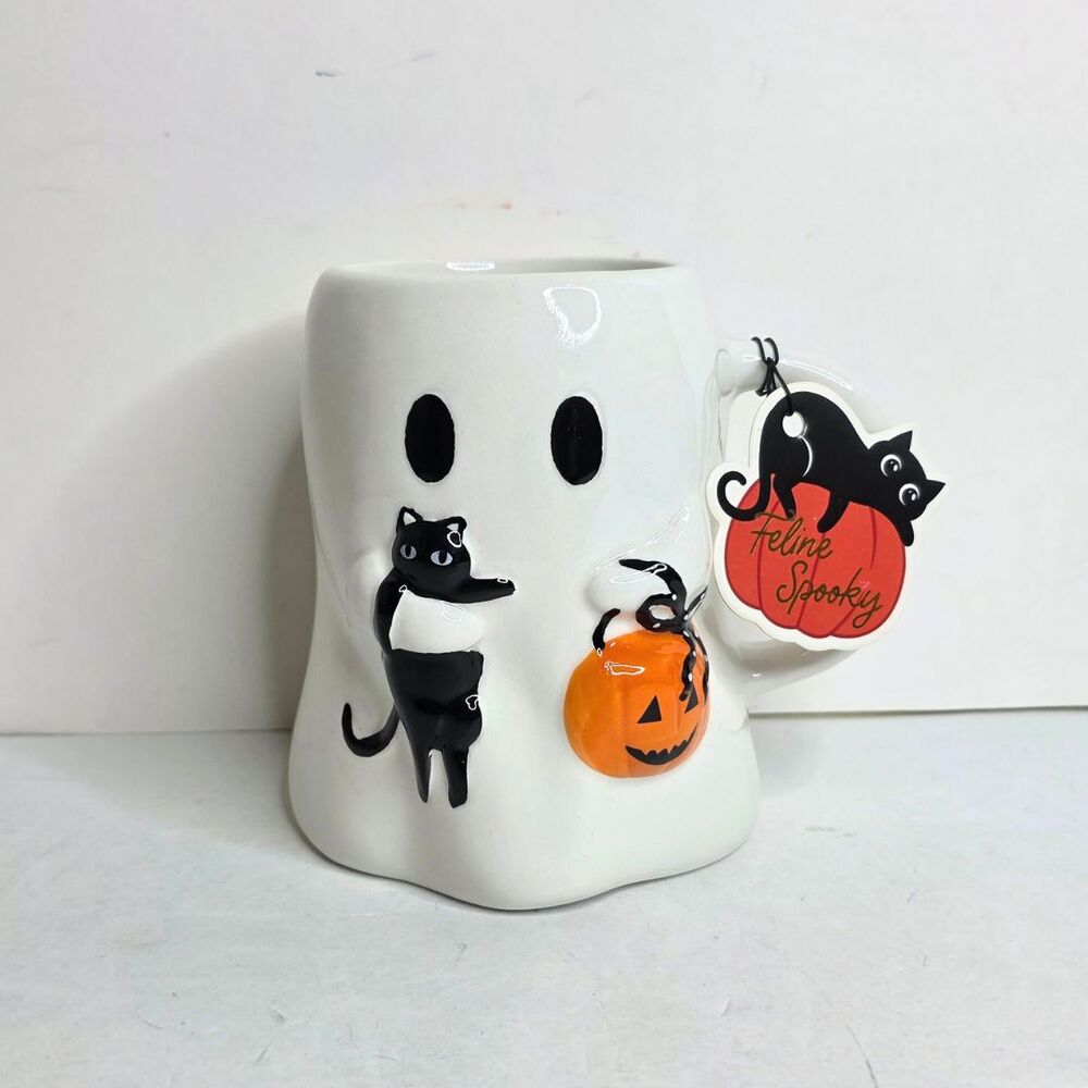 Ghost Mug Feline Spooky Sunday Morning Ceramics Cat Pumpkin Halloween - NEW
